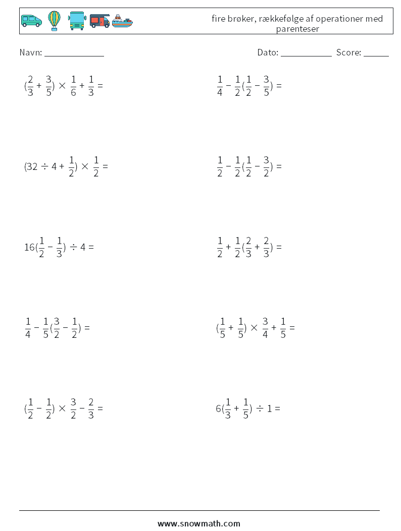 (10) fire brøker, rækkefølge af operationer med parenteser Matematiske regneark 2