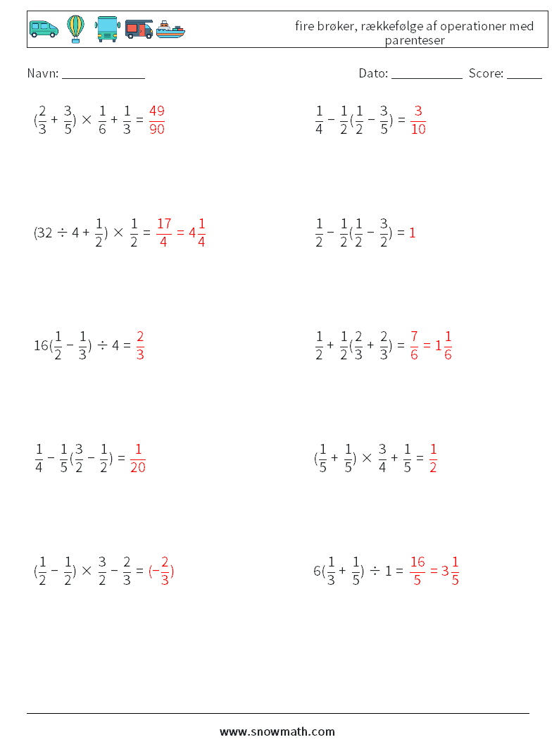 (10) fire brøker, rækkefølge af operationer med parenteser Matematiske regneark 2 Spørgsmål, svar