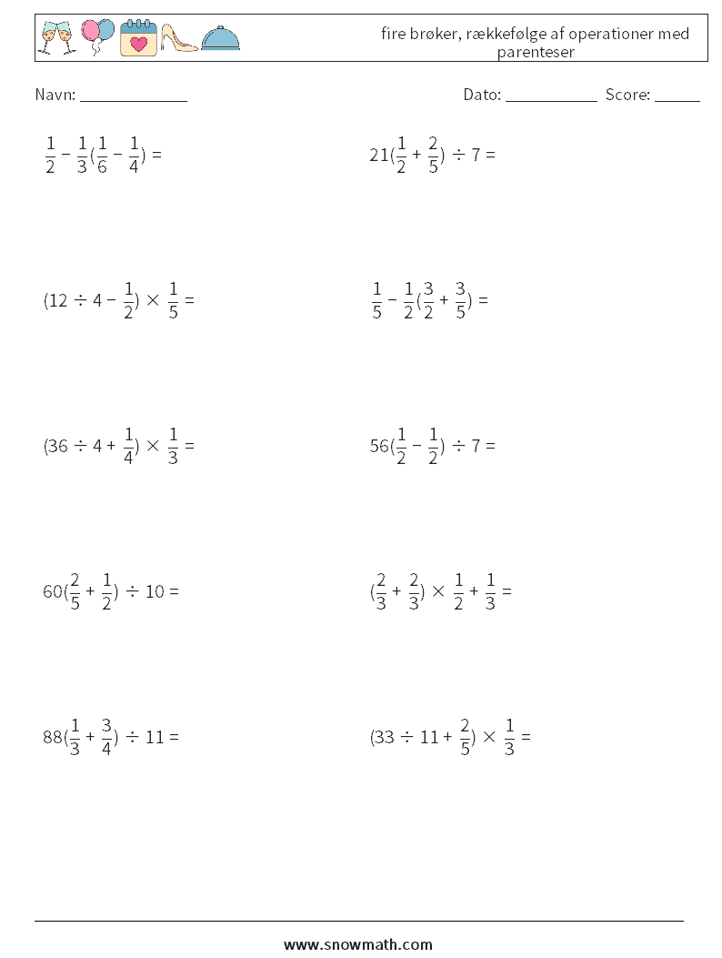 (10) fire brøker, rækkefølge af operationer med parenteser Matematiske regneark 3