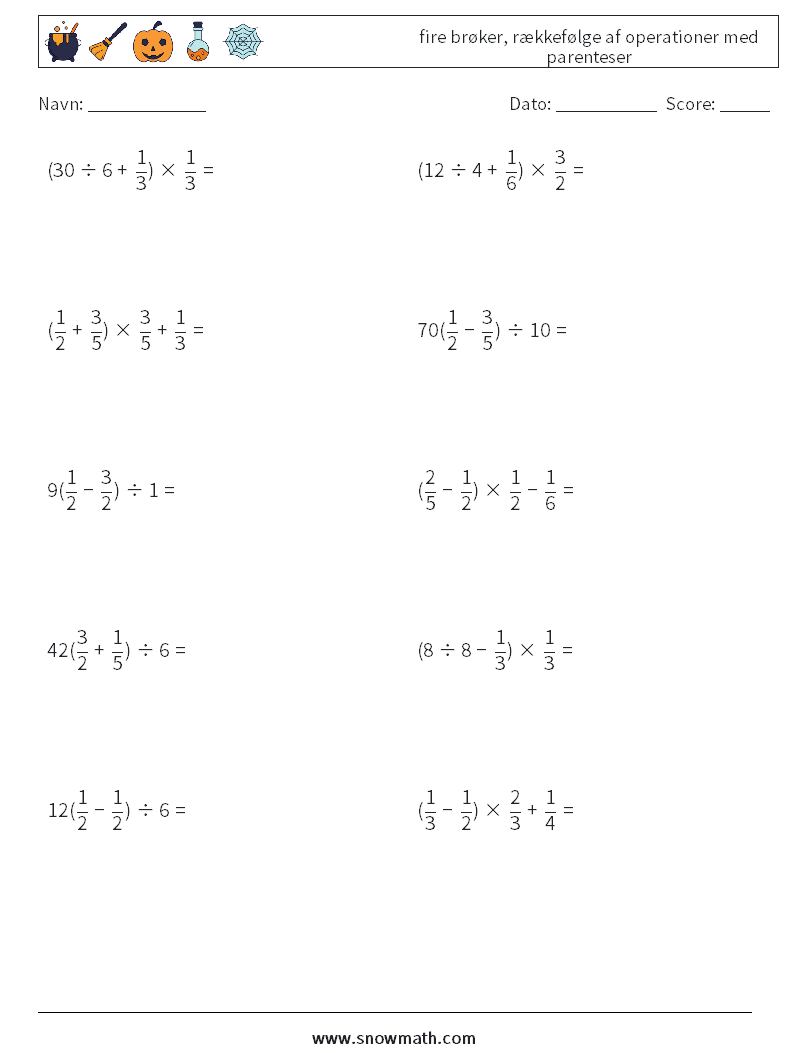 (10) fire brøker, rækkefølge af operationer med parenteser Matematiske regneark 4