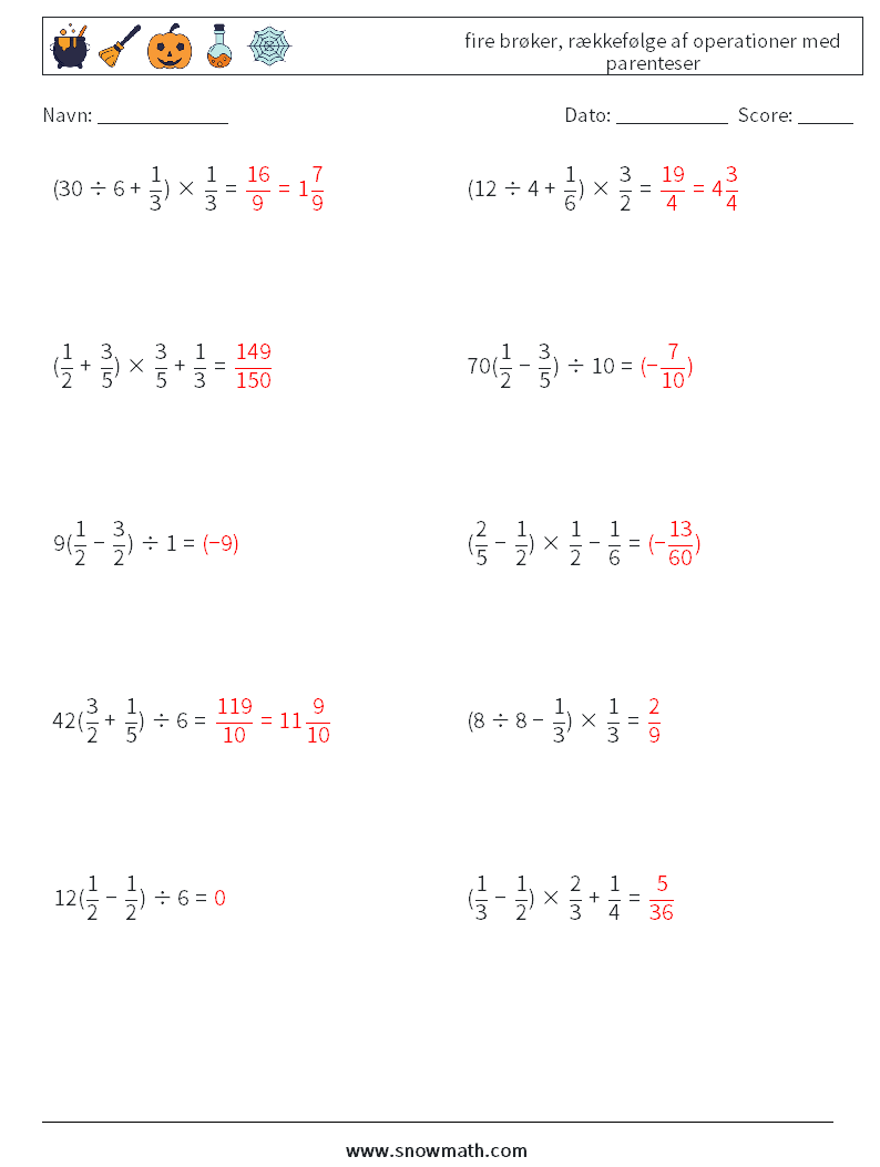 (10) fire brøker, rækkefølge af operationer med parenteser Matematiske regneark 4 Spørgsmål, svar
