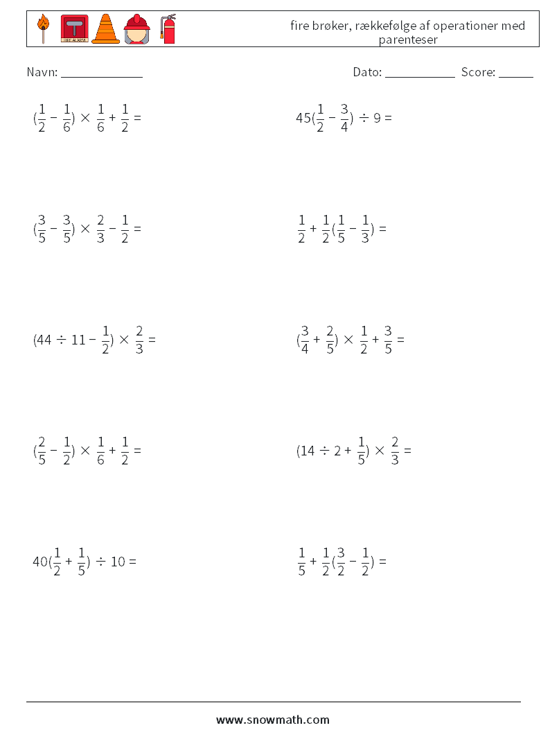 (10) fire brøker, rækkefølge af operationer med parenteser Matematiske regneark 5