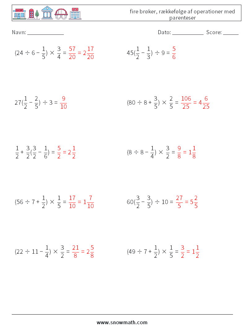 (10) fire brøker, rækkefølge af operationer med parenteser Matematiske regneark 6 Spørgsmål, svar