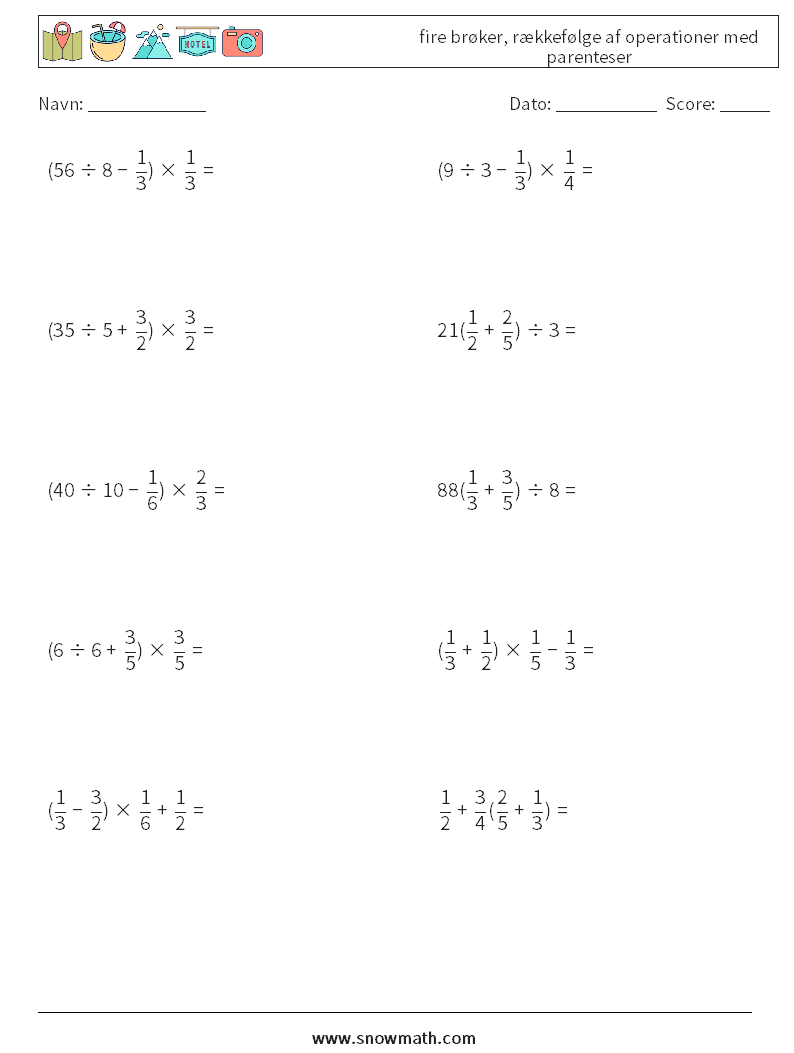 (10) fire brøker, rækkefølge af operationer med parenteser Matematiske regneark 7