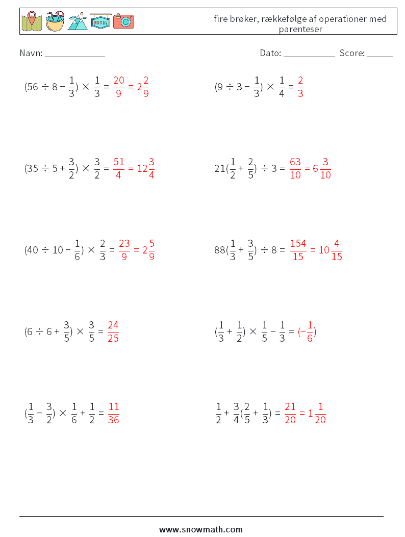 (10) fire brøker, rækkefølge af operationer med parenteser Matematiske regneark 7 Spørgsmål, svar