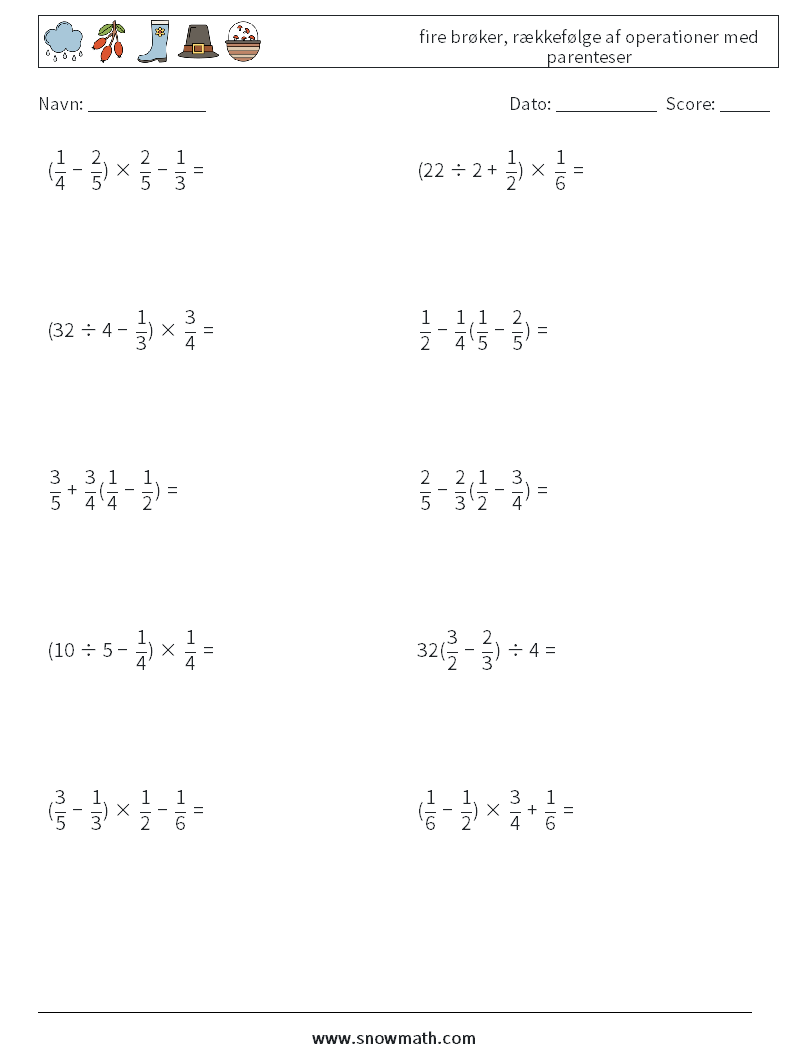 (10) fire brøker, rækkefølge af operationer med parenteser Matematiske regneark 8