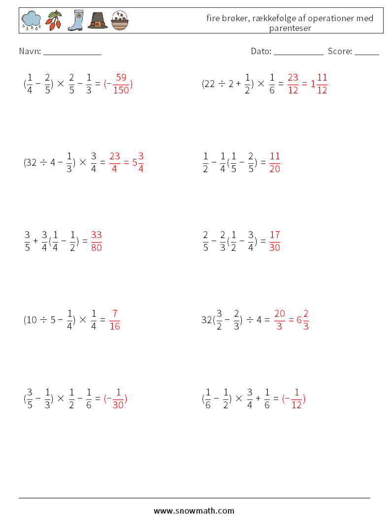 (10) fire brøker, rækkefølge af operationer med parenteser Matematiske regneark 8 Spørgsmål, svar