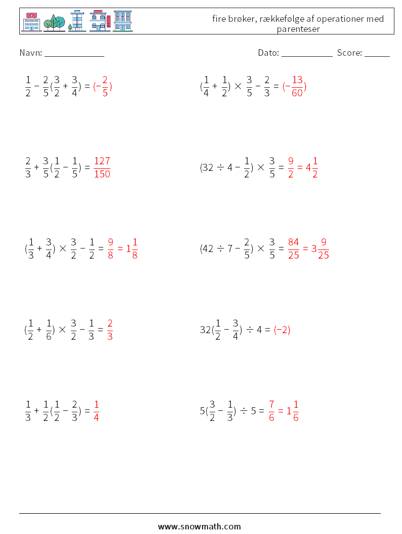 (10) fire brøker, rækkefølge af operationer med parenteser Matematiske regneark 9 Spørgsmål, svar