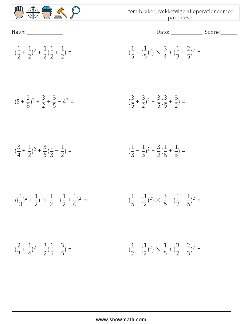 (10) fem brøker, rækkefølge af operationer med parenteser Matematiske regneark 10