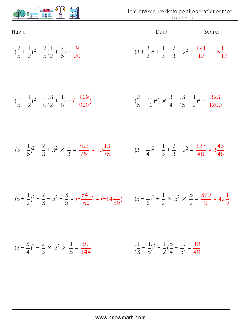 (10) fem brøker, rækkefølge af operationer med parenteser Matematiske regneark 12 Spørgsmål, svar