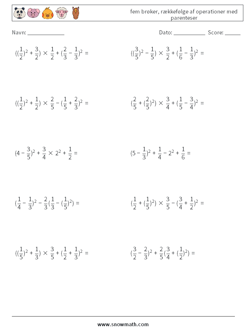 (10) fem brøker, rækkefølge af operationer med parenteser Matematiske regneark 13