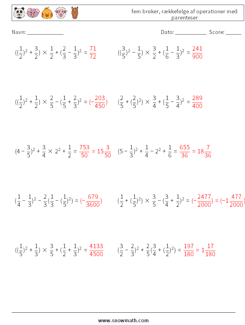 (10) fem brøker, rækkefølge af operationer med parenteser Matematiske regneark 13 Spørgsmål, svar