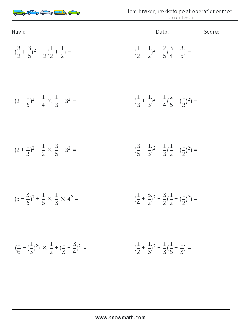 (10) fem brøker, rækkefølge af operationer med parenteser Matematiske regneark 14