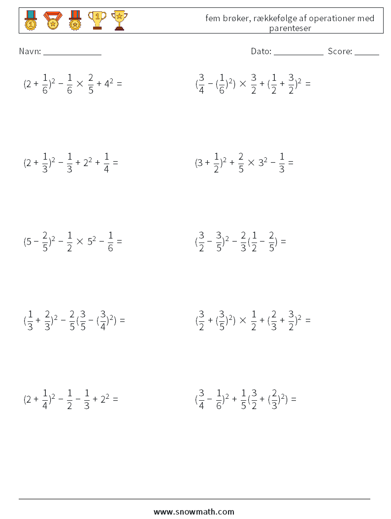 (10) fem brøker, rækkefølge af operationer med parenteser Matematiske regneark 15