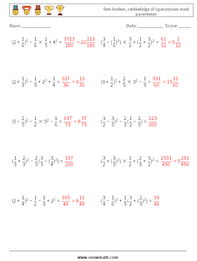 (10) fem brøker, rækkefølge af operationer med parenteser Matematiske regneark 15 Spørgsmål, svar