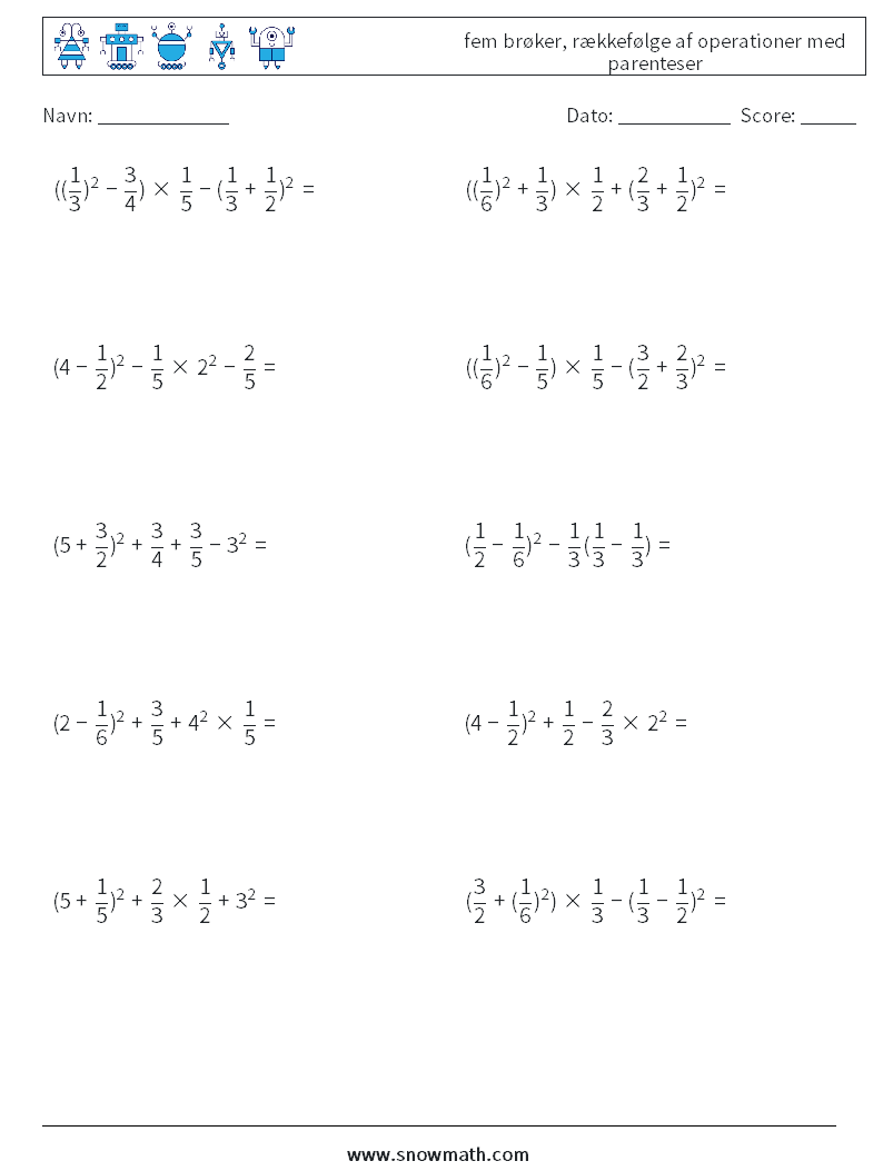 (10) fem brøker, rækkefølge af operationer med parenteser Matematiske regneark 16