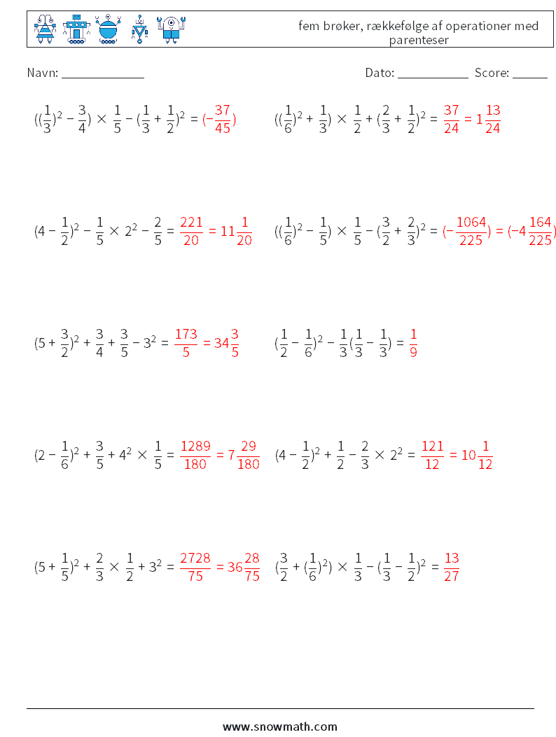 (10) fem brøker, rækkefølge af operationer med parenteser Matematiske regneark 16 Spørgsmål, svar