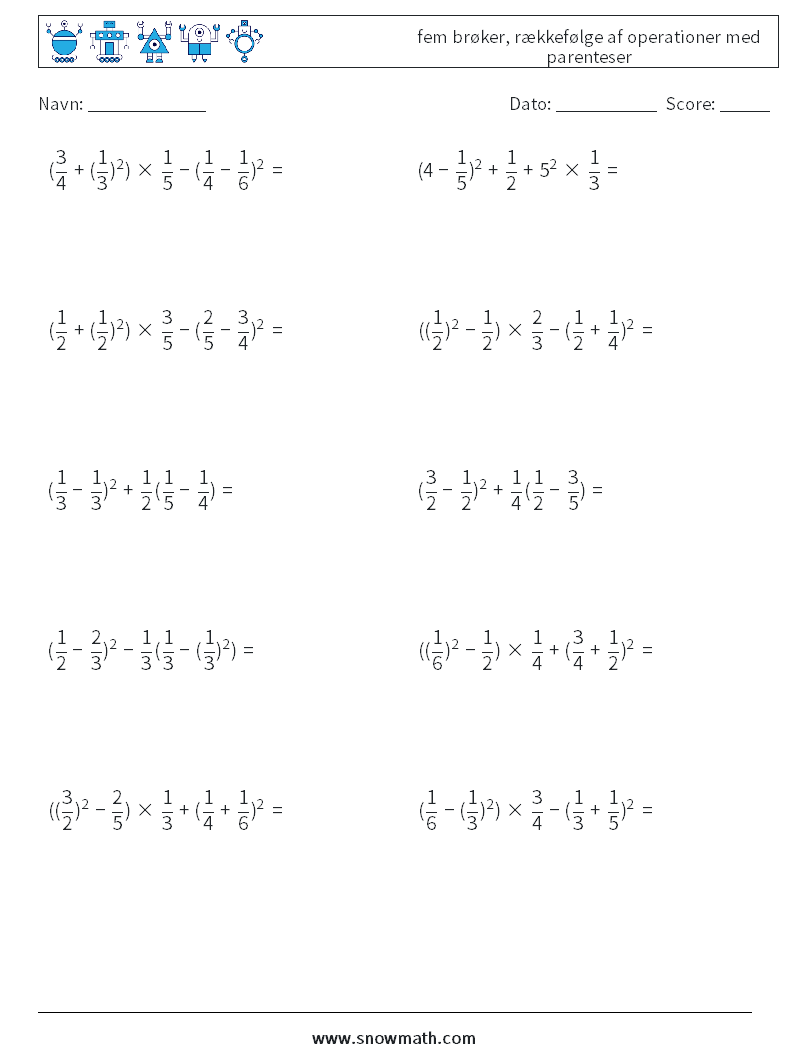 (10) fem brøker, rækkefølge af operationer med parenteser Matematiske regneark 17