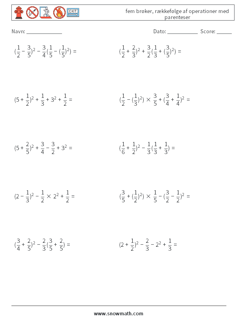 (10) fem brøker, rækkefølge af operationer med parenteser Matematiske regneark 18