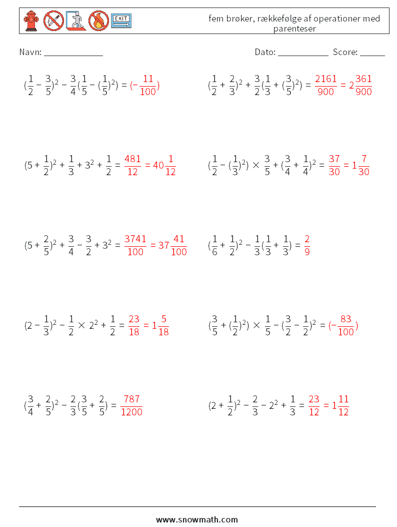 (10) fem brøker, rækkefølge af operationer med parenteser Matematiske regneark 18 Spørgsmål, svar