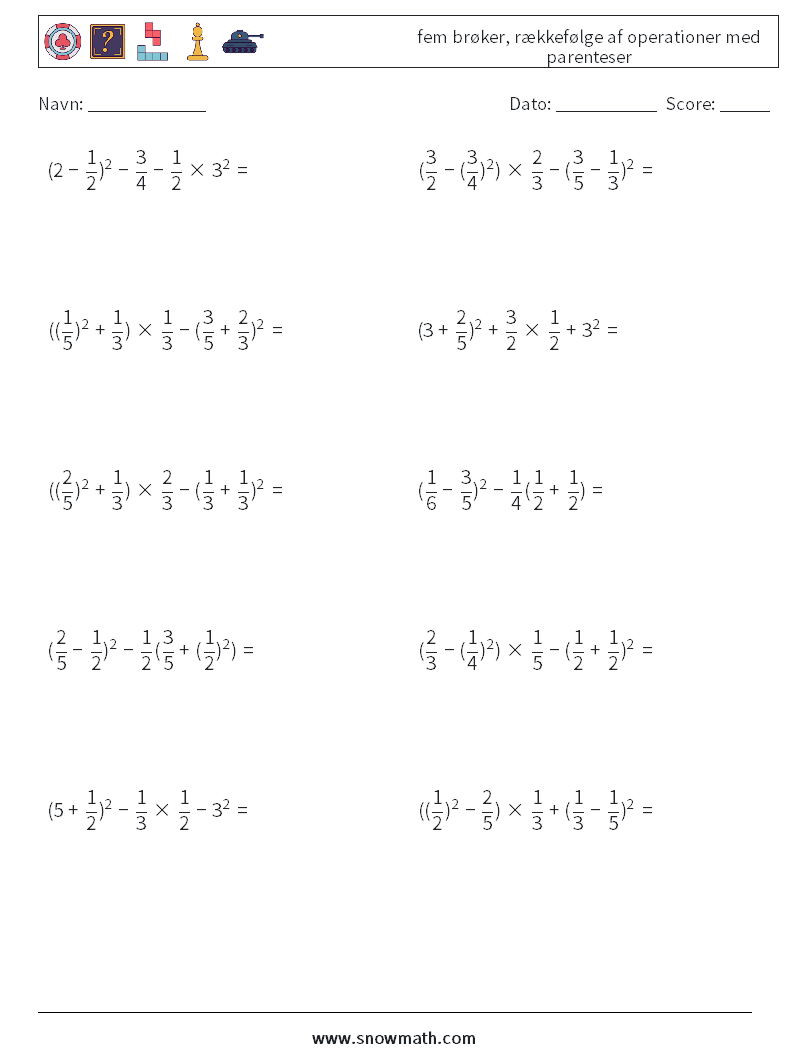 (10) fem brøker, rækkefølge af operationer med parenteser Matematiske regneark 2