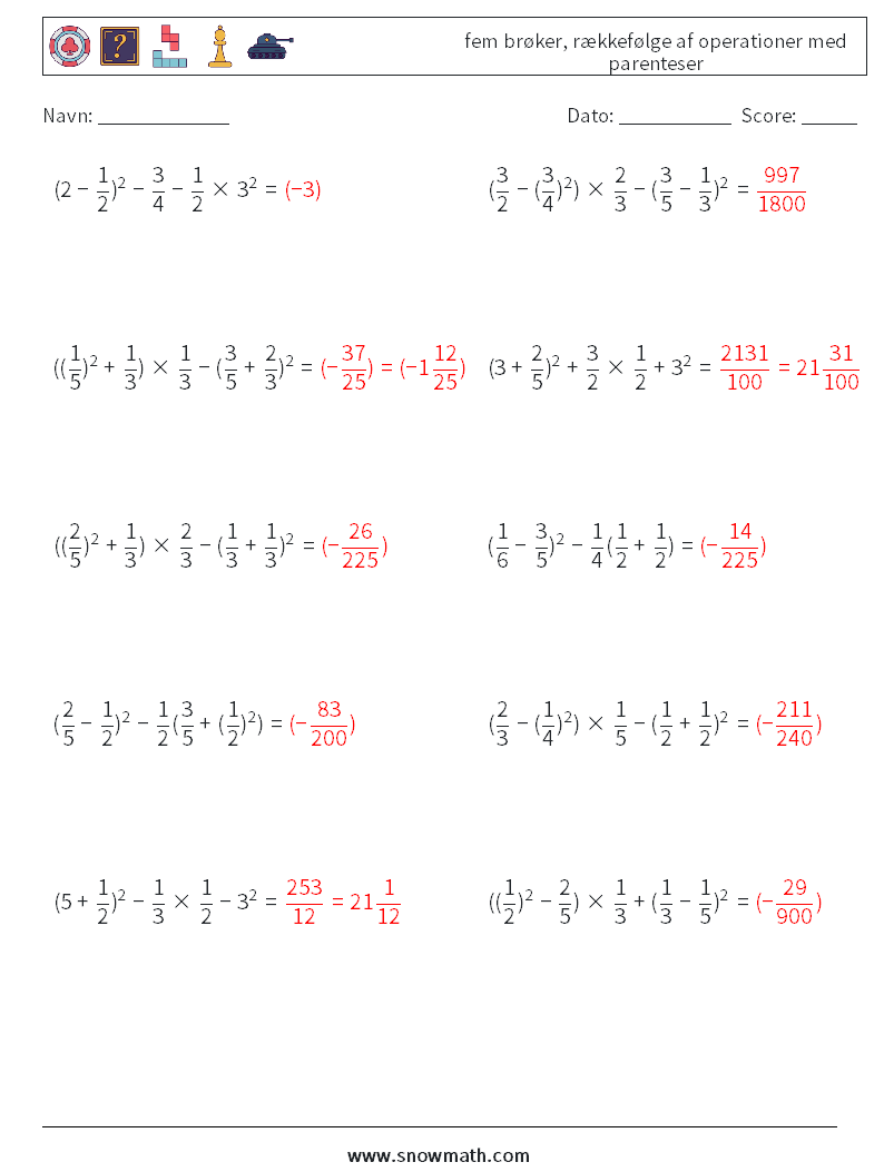 (10) fem brøker, rækkefølge af operationer med parenteser Matematiske regneark 2 Spørgsmål, svar