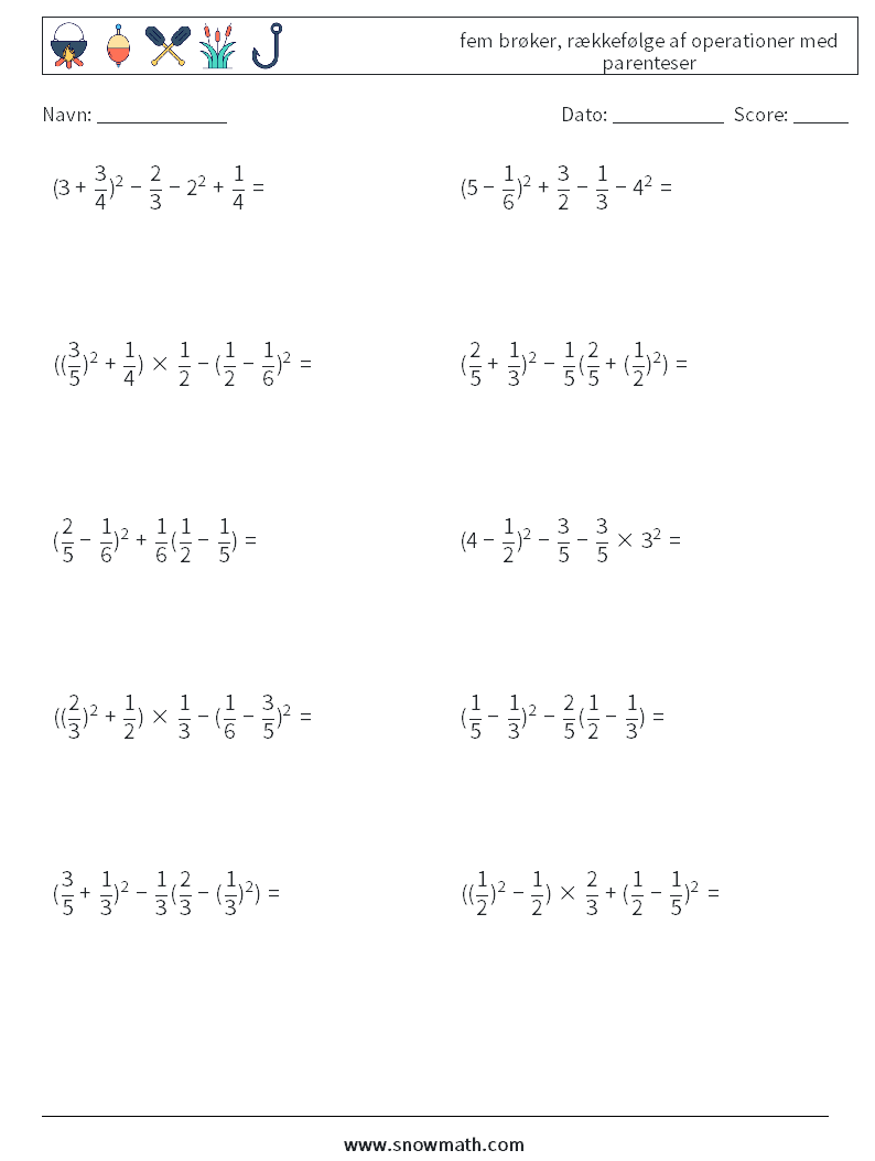 (10) fem brøker, rækkefølge af operationer med parenteser Matematiske regneark 3
