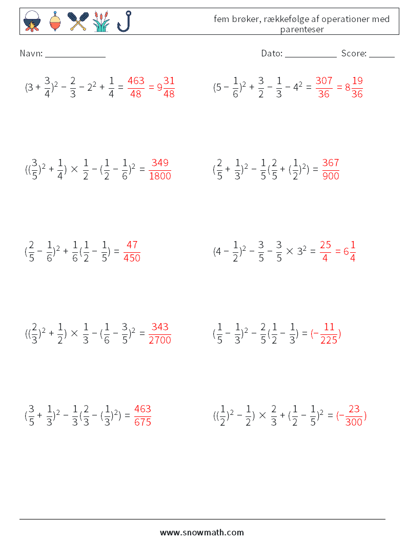 (10) fem brøker, rækkefølge af operationer med parenteser Matematiske regneark 3 Spørgsmål, svar