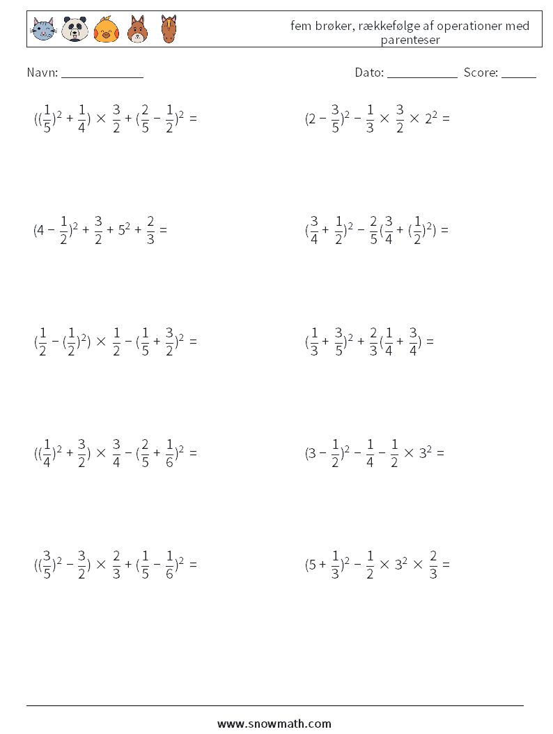 (10) fem brøker, rækkefølge af operationer med parenteser Matematiske regneark 4