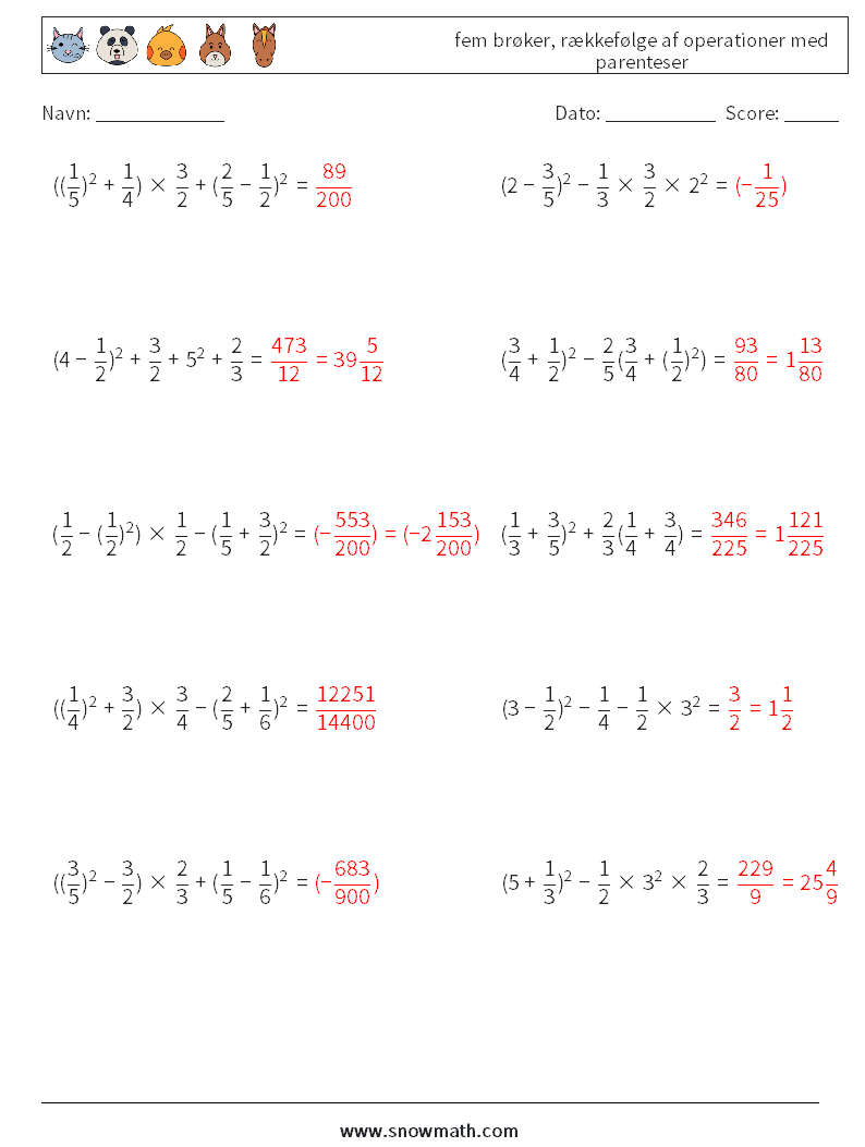 (10) fem brøker, rækkefølge af operationer med parenteser Matematiske regneark 4 Spørgsmål, svar