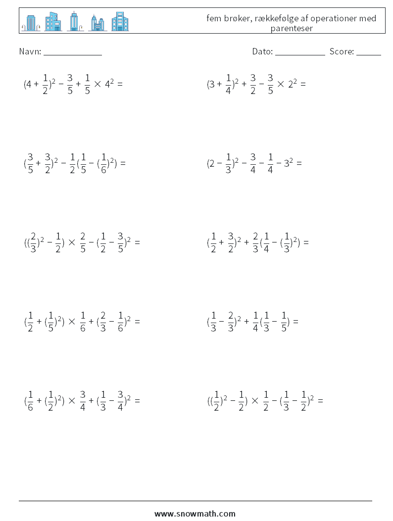 (10) fem brøker, rækkefølge af operationer med parenteser Matematiske regneark 5