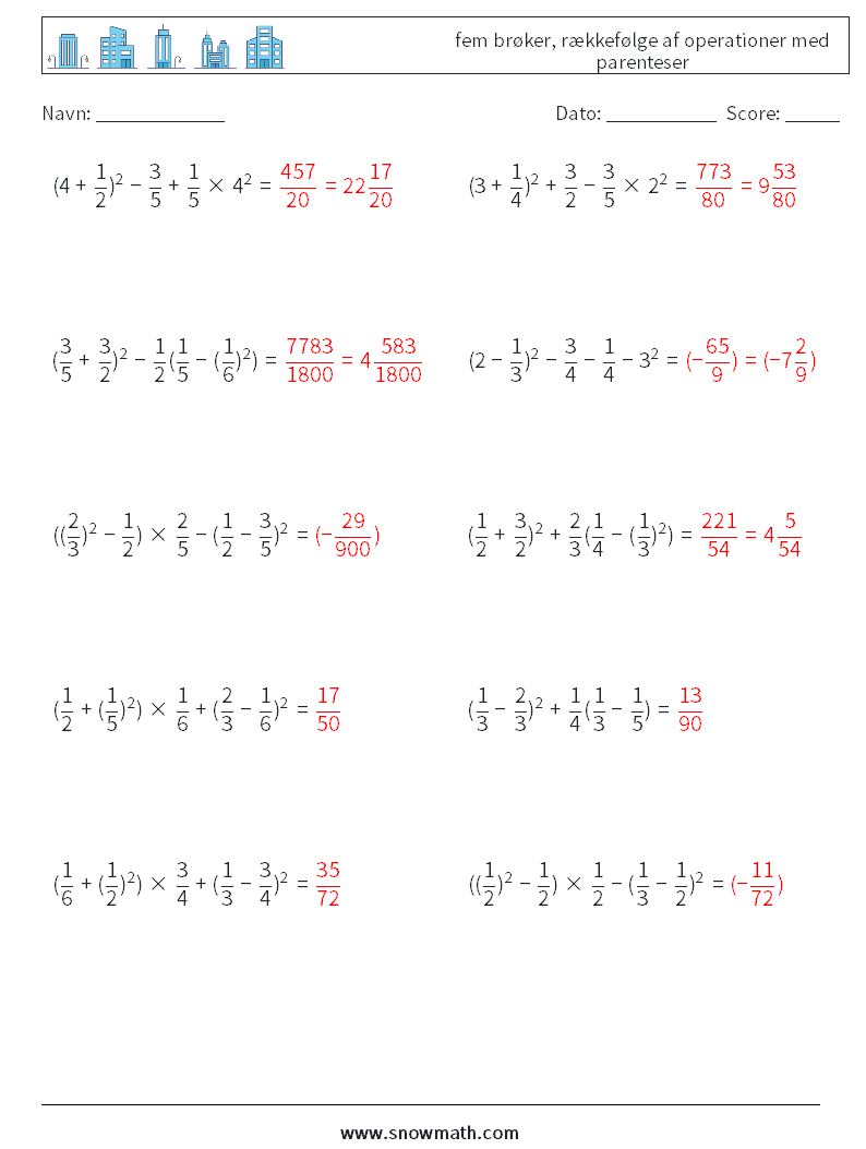 (10) fem brøker, rækkefølge af operationer med parenteser Matematiske regneark 5 Spørgsmål, svar
