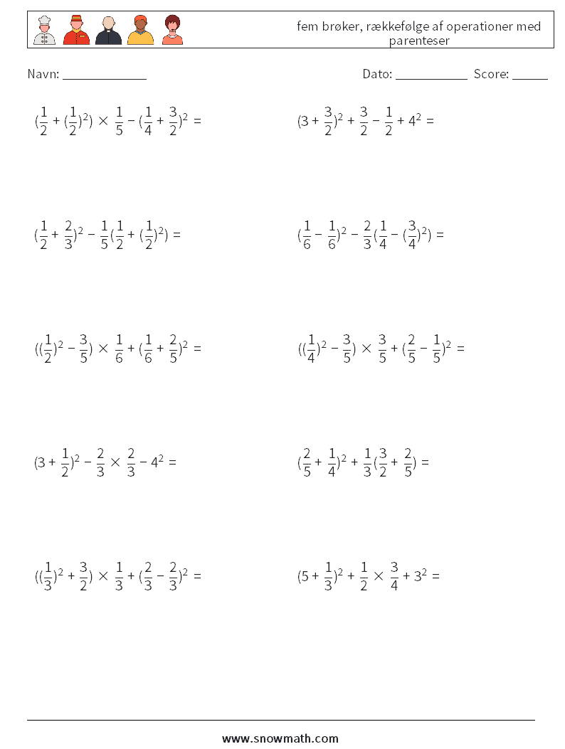 (10) fem brøker, rækkefølge af operationer med parenteser Matematiske regneark 6