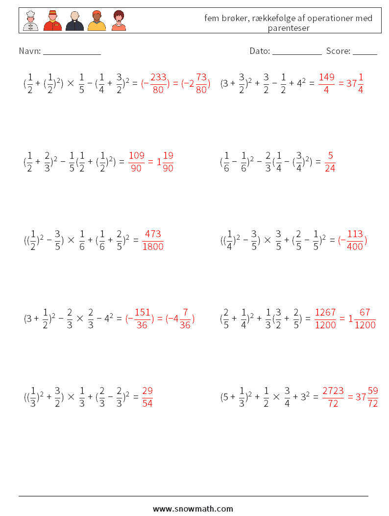 (10) fem brøker, rækkefølge af operationer med parenteser Matematiske regneark 6 Spørgsmål, svar
