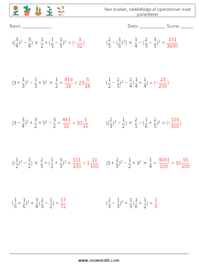 (10) fem brøker, rækkefølge af operationer med parenteser Matematiske regneark 7 Spørgsmål, svar