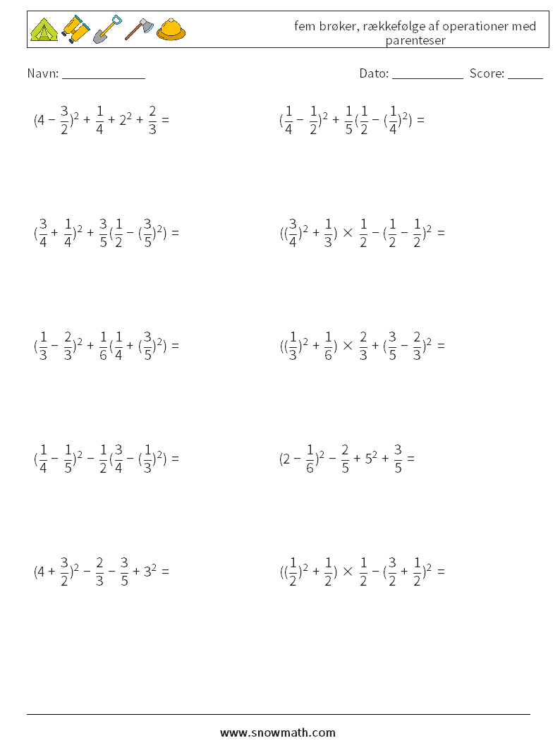 (10) fem brøker, rækkefølge af operationer med parenteser Matematiske regneark 8