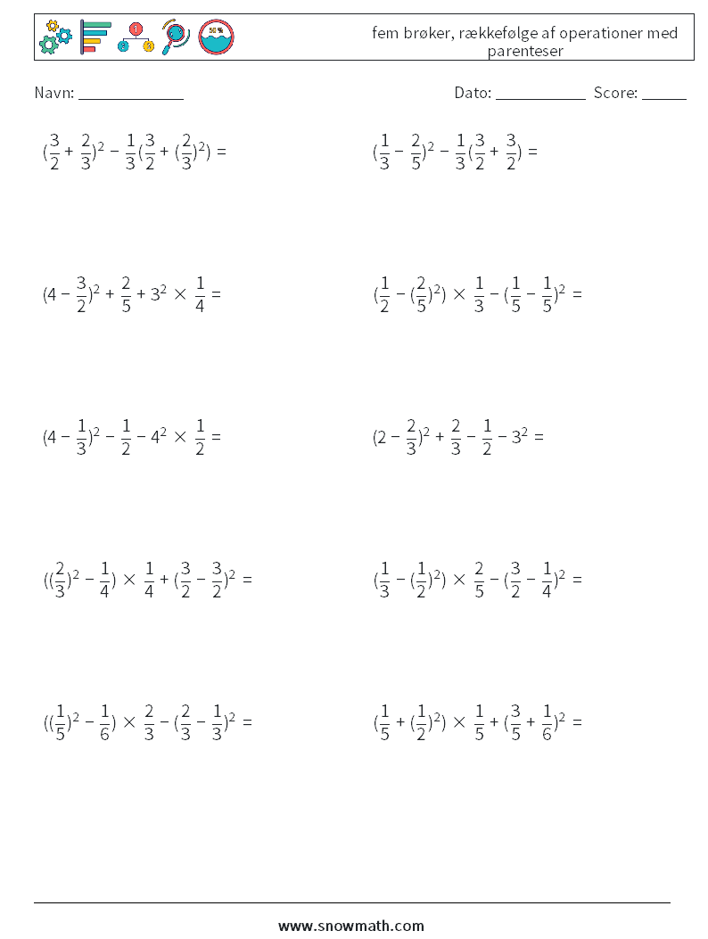 (10) fem brøker, rækkefølge af operationer med parenteser Matematiske regneark 9