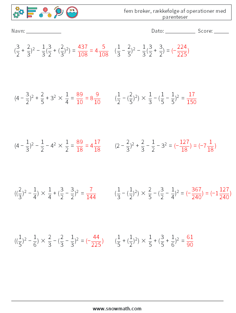 (10) fem brøker, rækkefølge af operationer med parenteser Matematiske regneark 9 Spørgsmål, svar