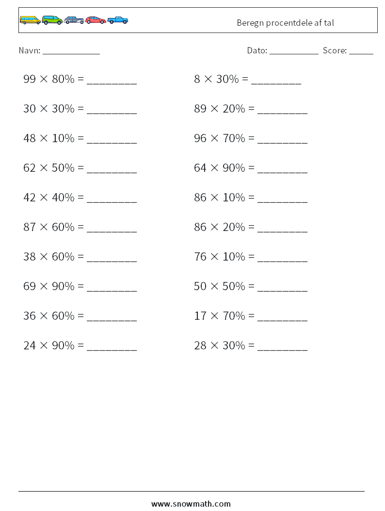 Beregn procentdele af tal Matematiske regneark 3