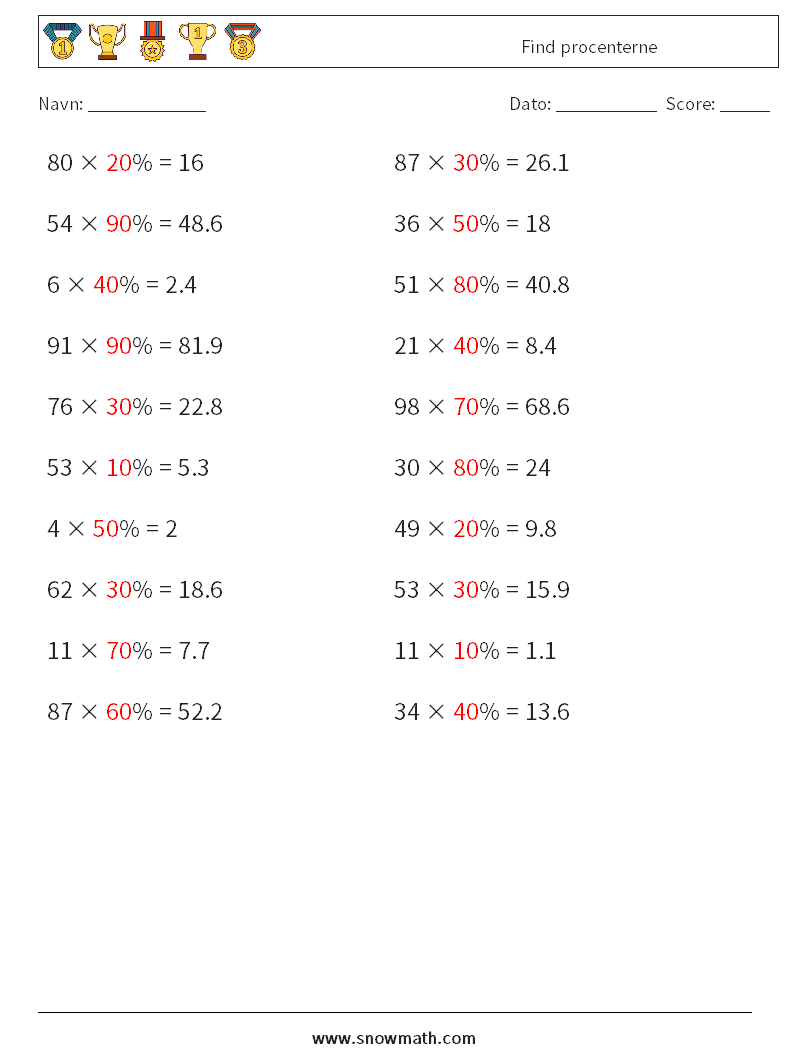 Find procenterne Matematiske regneark 1 Spørgsmål, svar