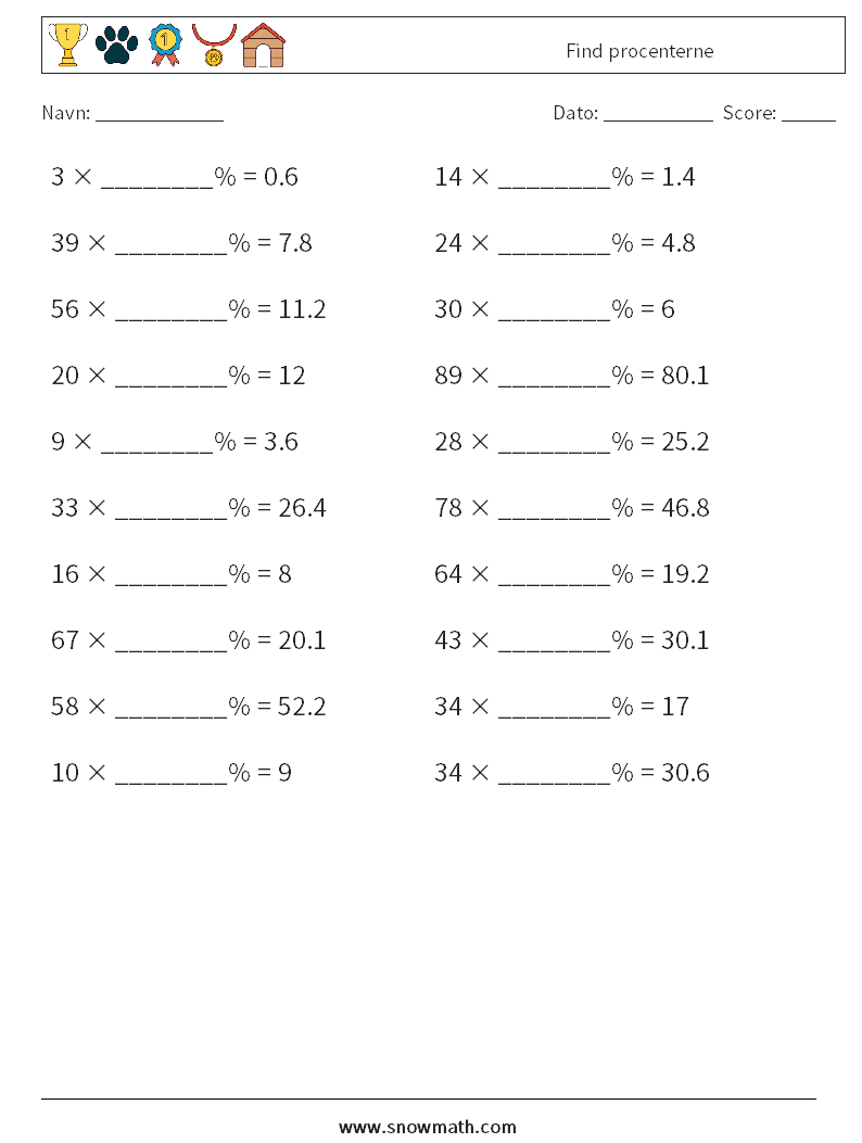 Find procenterne Matematiske regneark 2