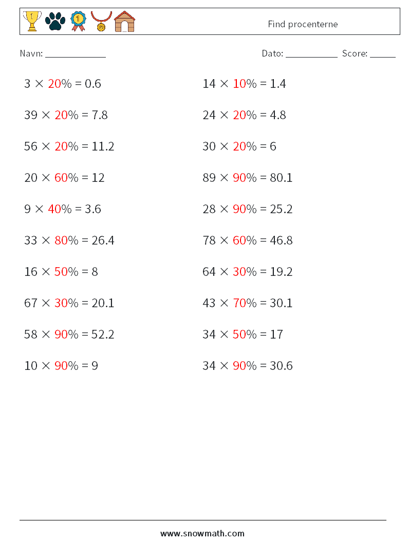 Find procenterne Matematiske regneark 2 Spørgsmål, svar