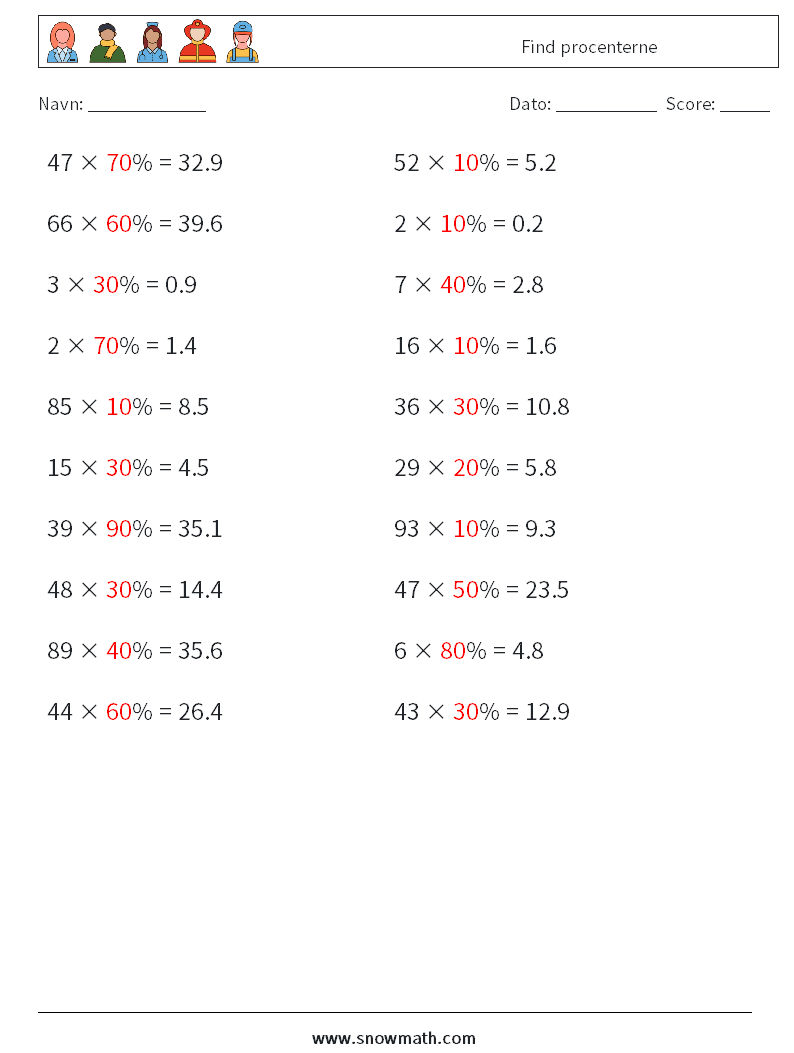 Find procenterne Matematiske regneark 9 Spørgsmål, svar