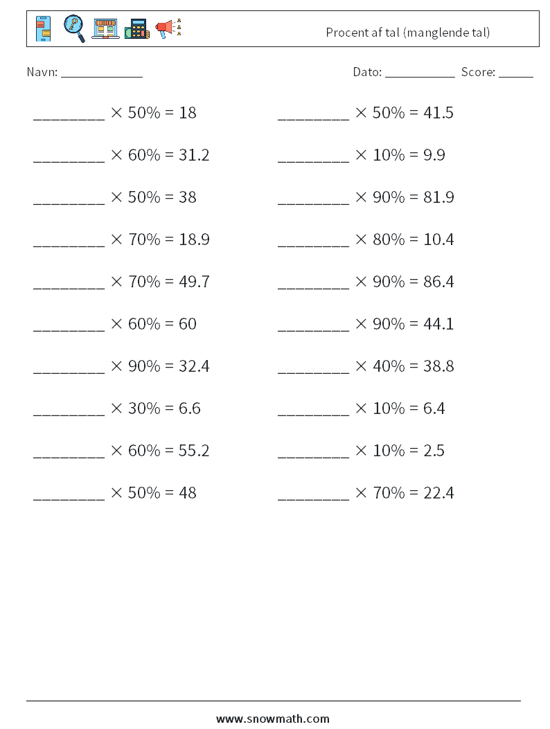 Procent af tal (manglende tal) Matematiske regneark 3