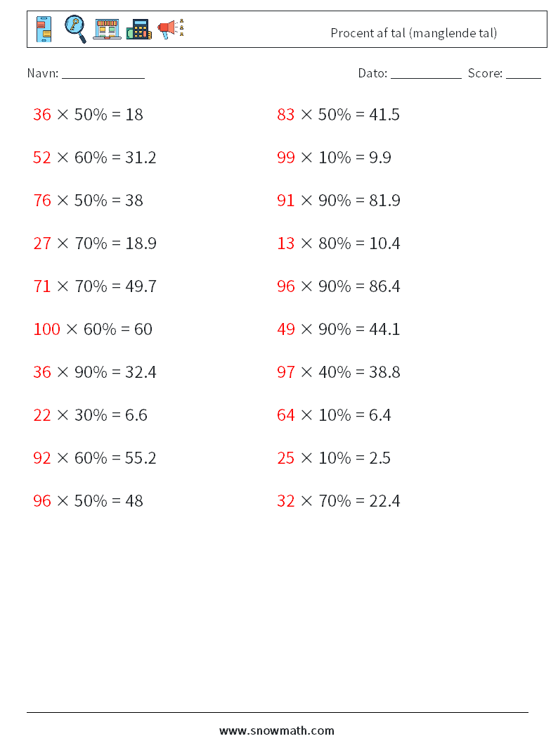 Procent af tal (manglende tal) Matematiske regneark 3 Spørgsmål, svar