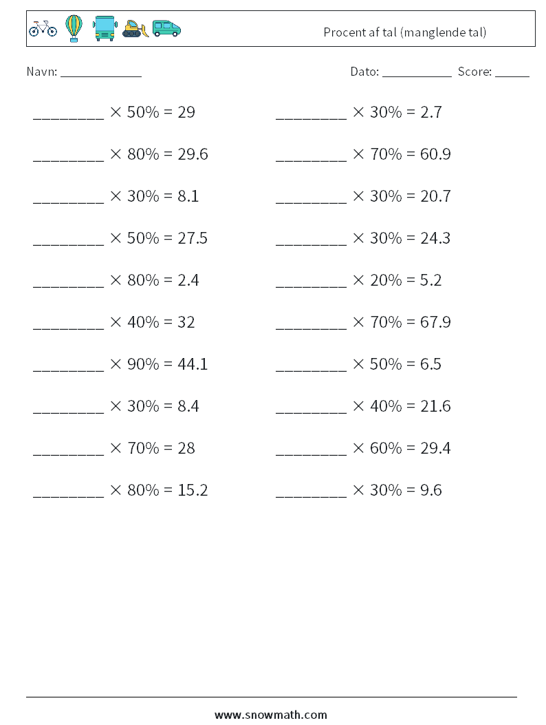 Procent af tal (manglende tal) Matematiske regneark 4