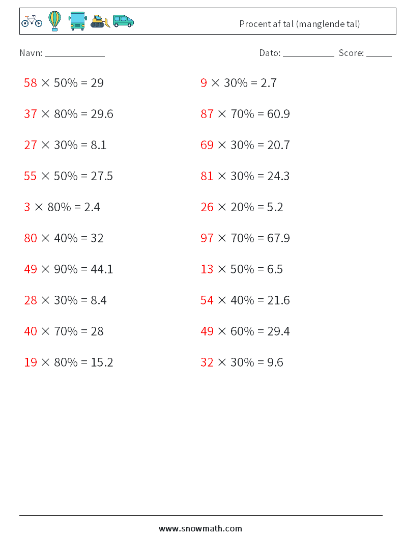 Procent af tal (manglende tal) Matematiske regneark 4 Spørgsmål, svar