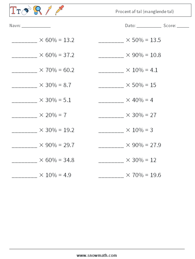 Procent af tal (manglende tal) Matematiske regneark 5