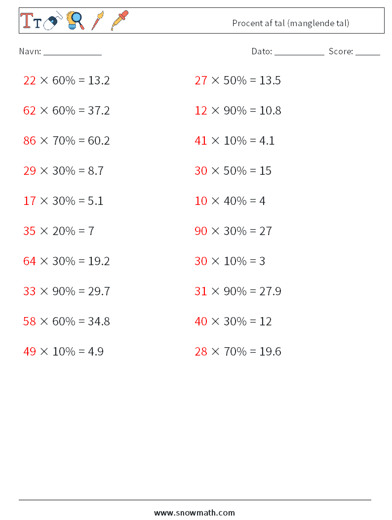 Procent af tal (manglende tal) Matematiske regneark 5 Spørgsmål, svar