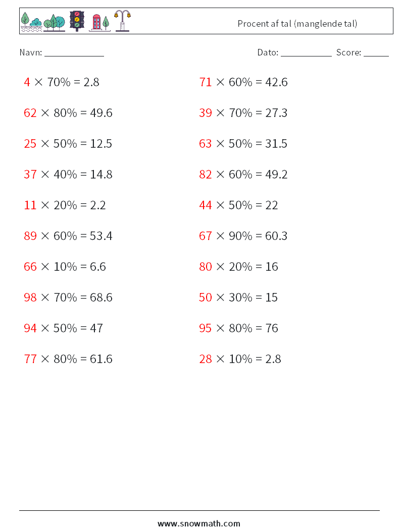 Procent af tal (manglende tal) Matematiske regneark 7 Spørgsmål, svar